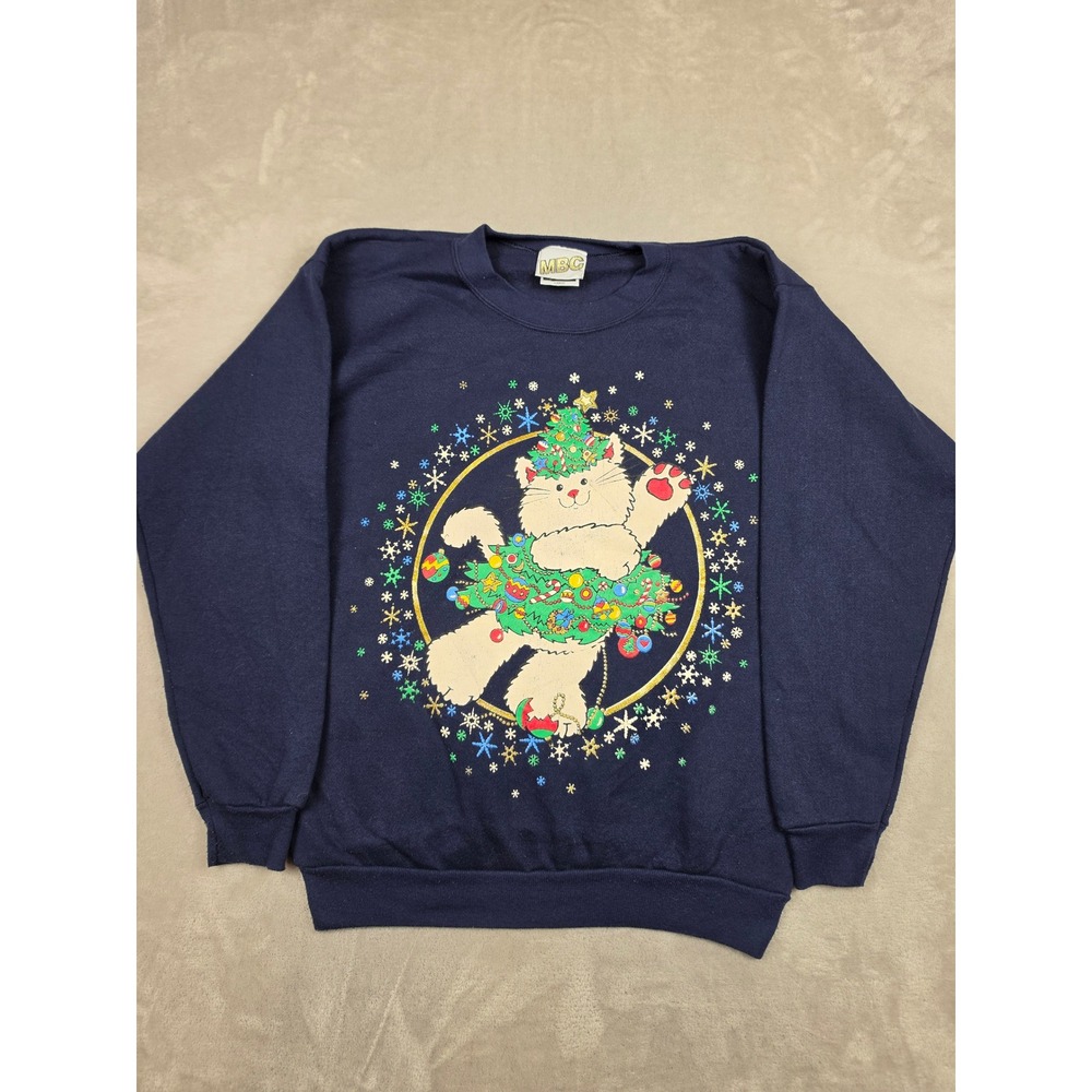 Vintage Tultex MBC Sweatshirt Unisex Large Blue Christmas Cat Graphic USA *Read